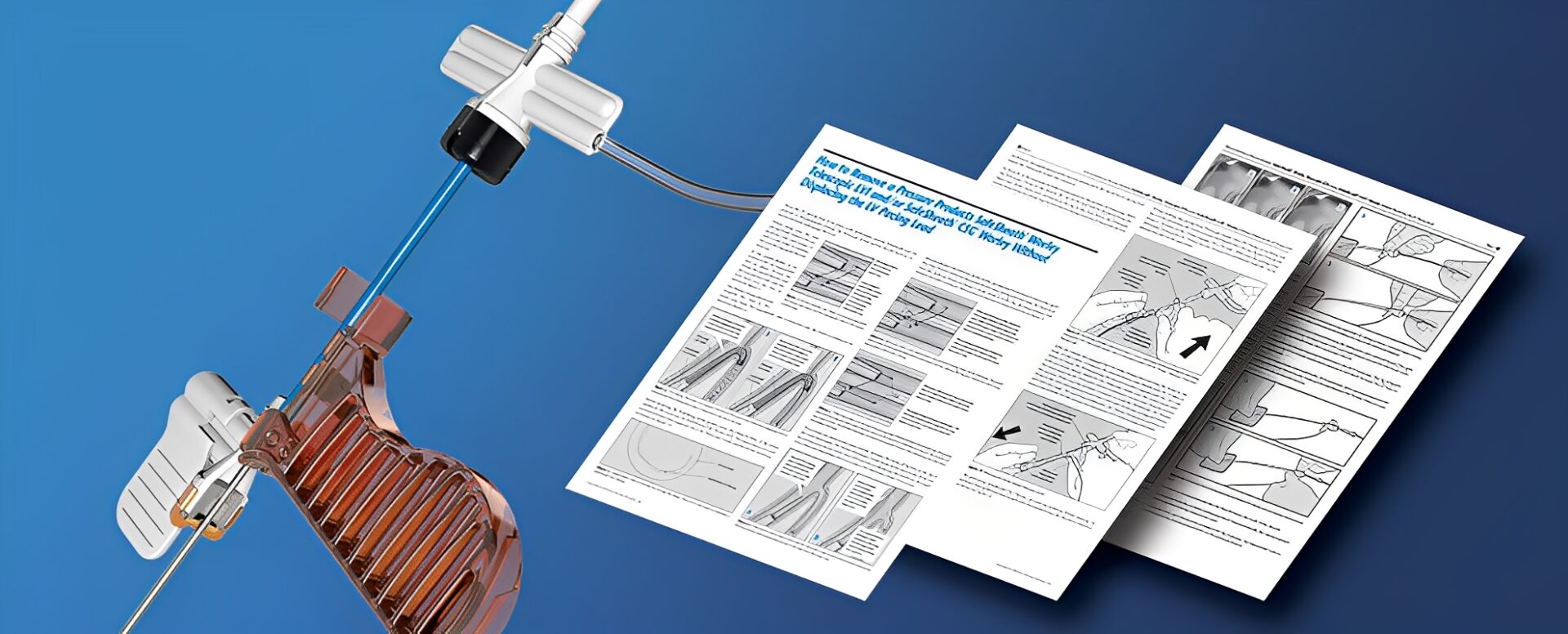 Medical device with instructional documents on blue.
