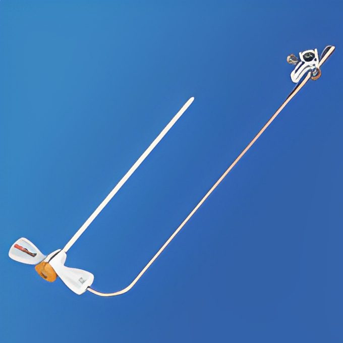 Two crossed fencing swords on blue background.